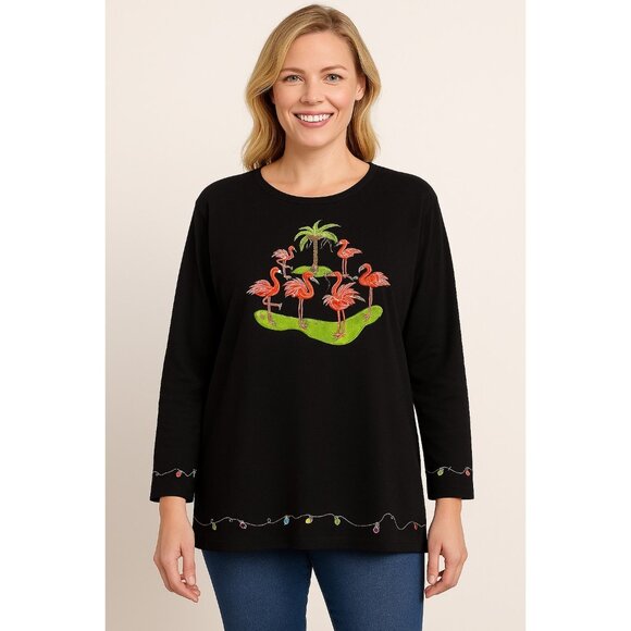 CB Plus C.B. Casual Women’s 1X Flamingo Island Holiday Embroidered Black Top - Picture 8 of 8